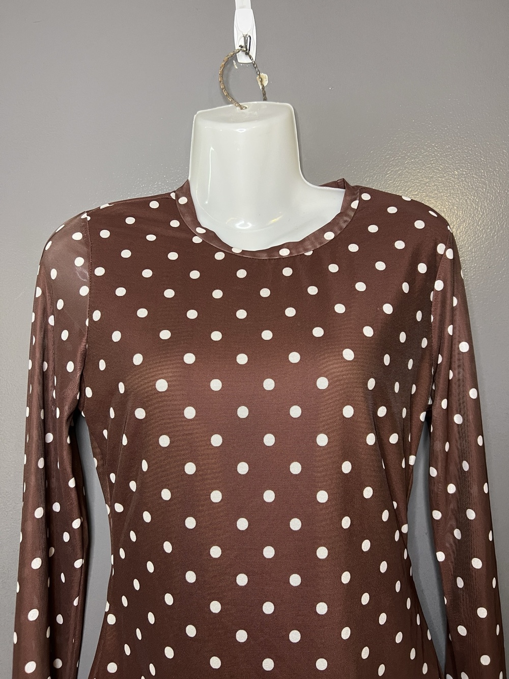 CHICME Shirt Womens Medium Brown Polka Dot Sheer Mesh Crew Neck Stretch Top